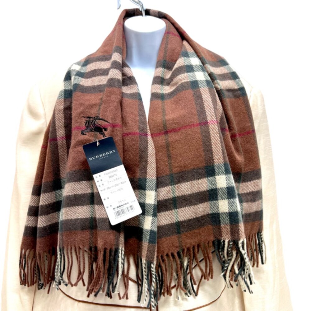 Tag On-Burberrys Scarf/Shawl 100% Lambwool Bugendy Plaid Embroid 50"x27" (18 - Picture 2 of 14